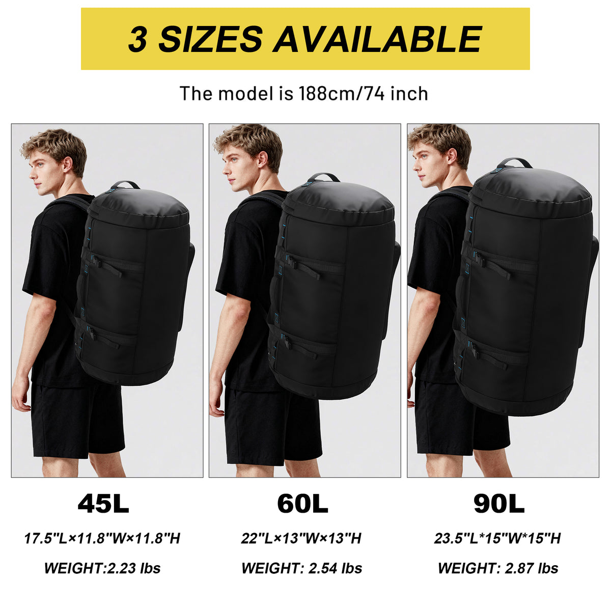 YOUNGOA Travel Duffle Backpack with Shoe Compartment – Waterproof Gym Bag with Backpack Straps, Black