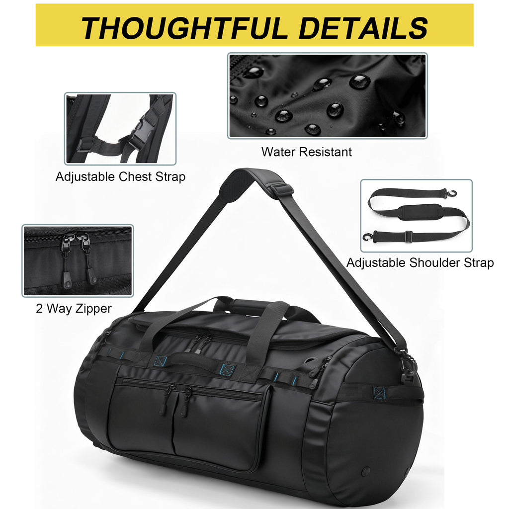 YOUNGOA Travel Duffle Backpack with Shoe Compartment – Waterproof Gym Bag with Backpack Straps, Black