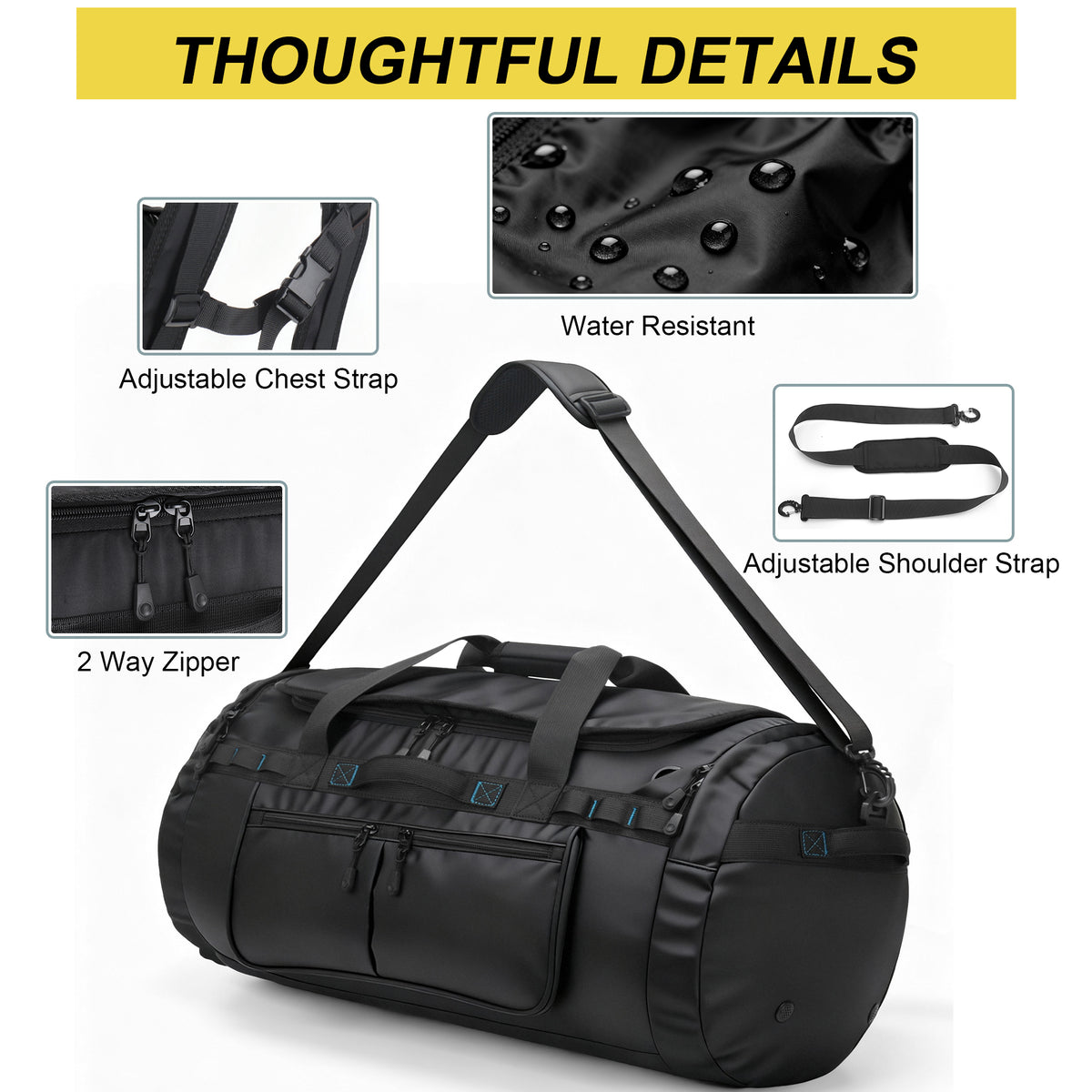 YOUNGOA Travel Duffle Backpack with Shoe Compartment – Waterproof Gym Bag with Backpack Straps, Black