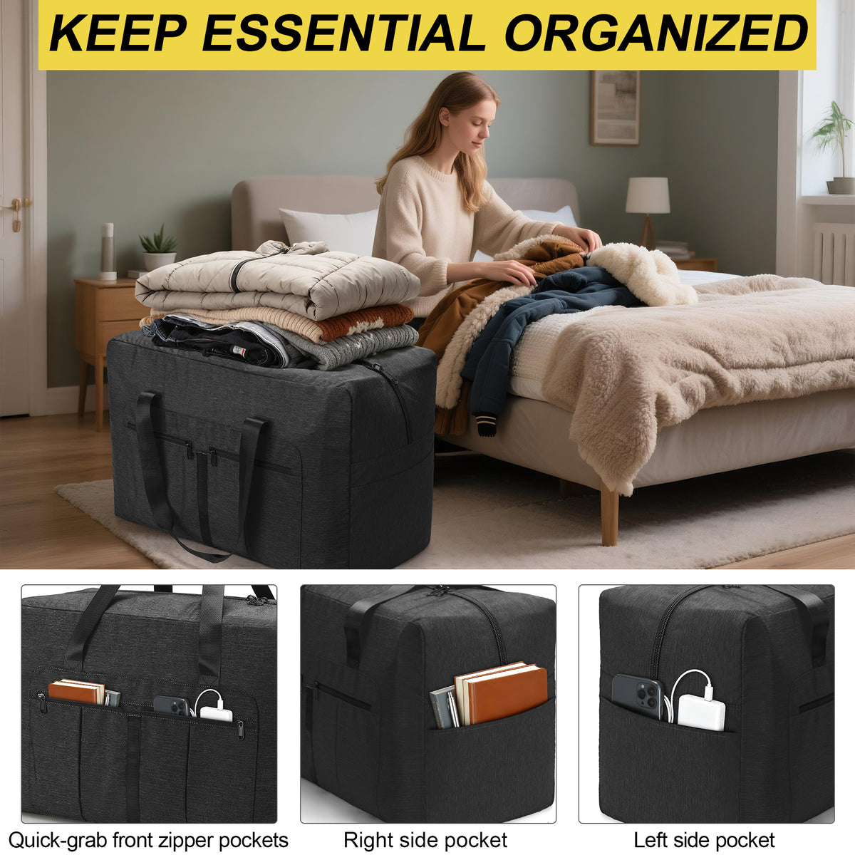 YOUNGOA Large Duffle Bag – Foldable Travel Luggage with Trolley Sleeve, Water-Resistant & Tear-Proof, Black