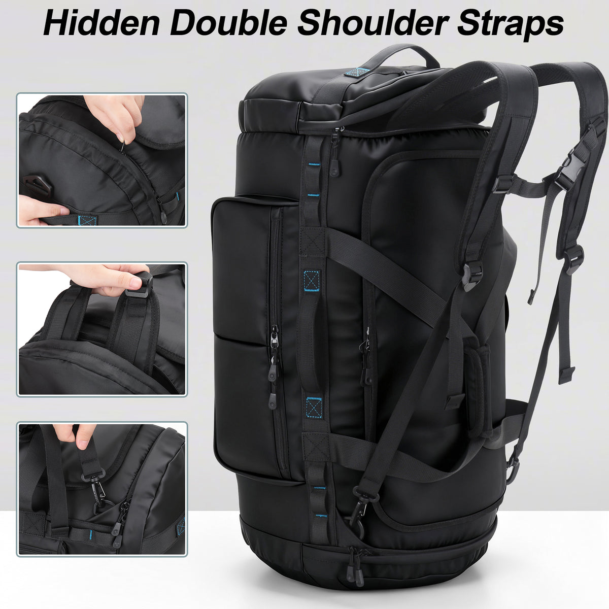 YOUNGOA Travel Duffle Backpack with Shoe Compartment – Waterproof Gym Bag with Backpack Straps, Black