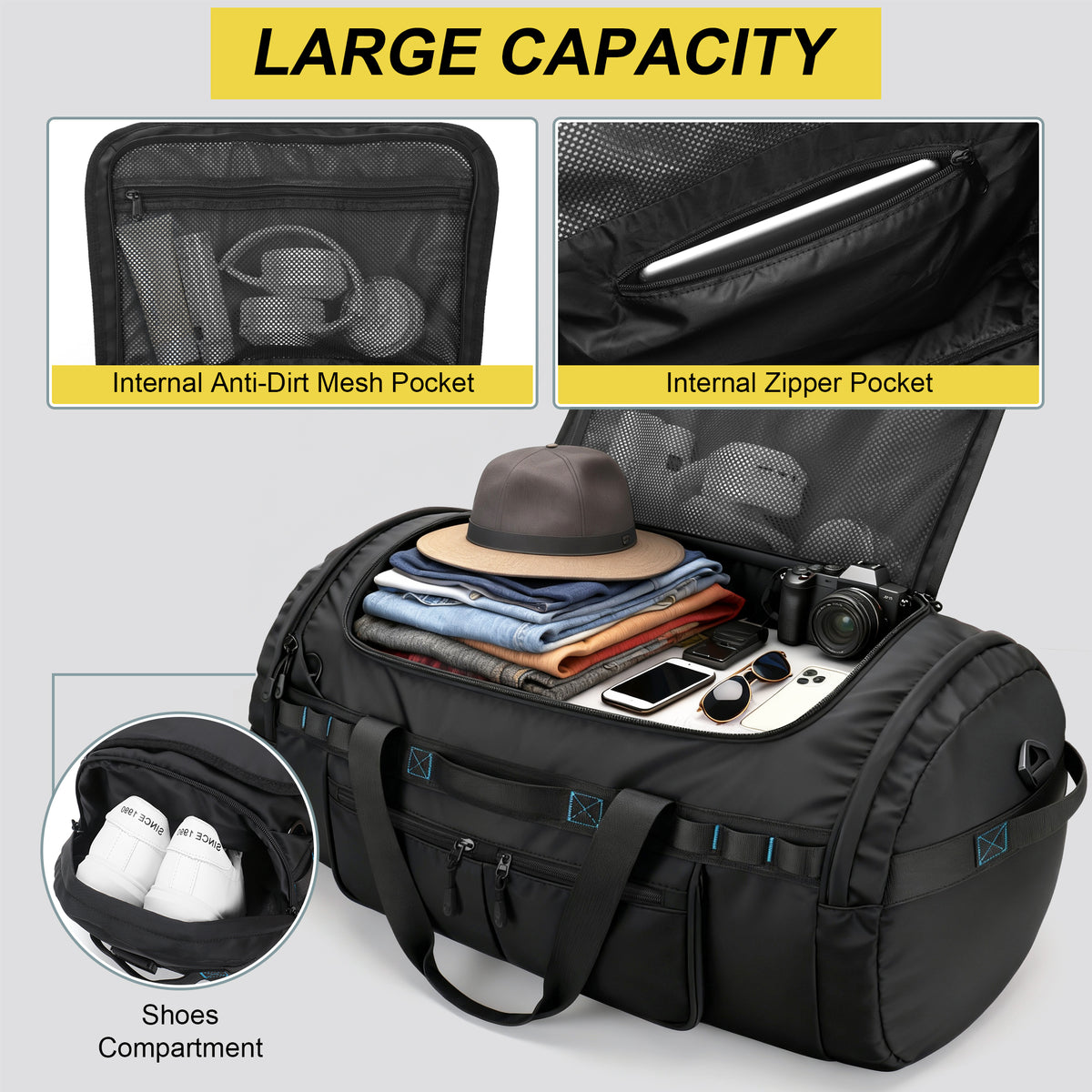 YOUNGOA Travel Duffle Backpack with Shoe Compartment – Waterproof Gym Bag with Backpack Straps, Black