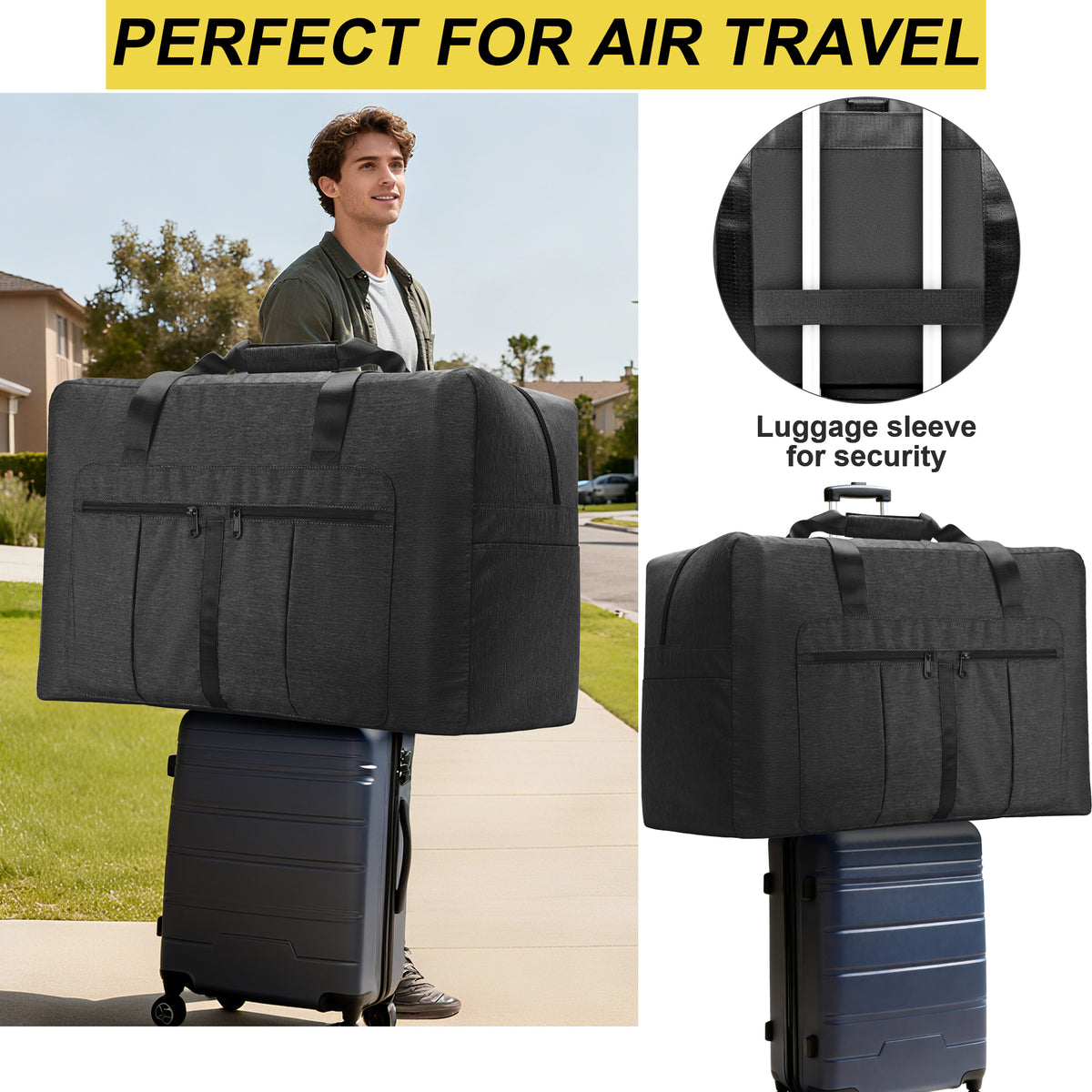 YOUNGOA Large Duffle Bag – Foldable Travel Luggage with Trolley Sleeve, Water-Resistant & Tear-Proof, Black