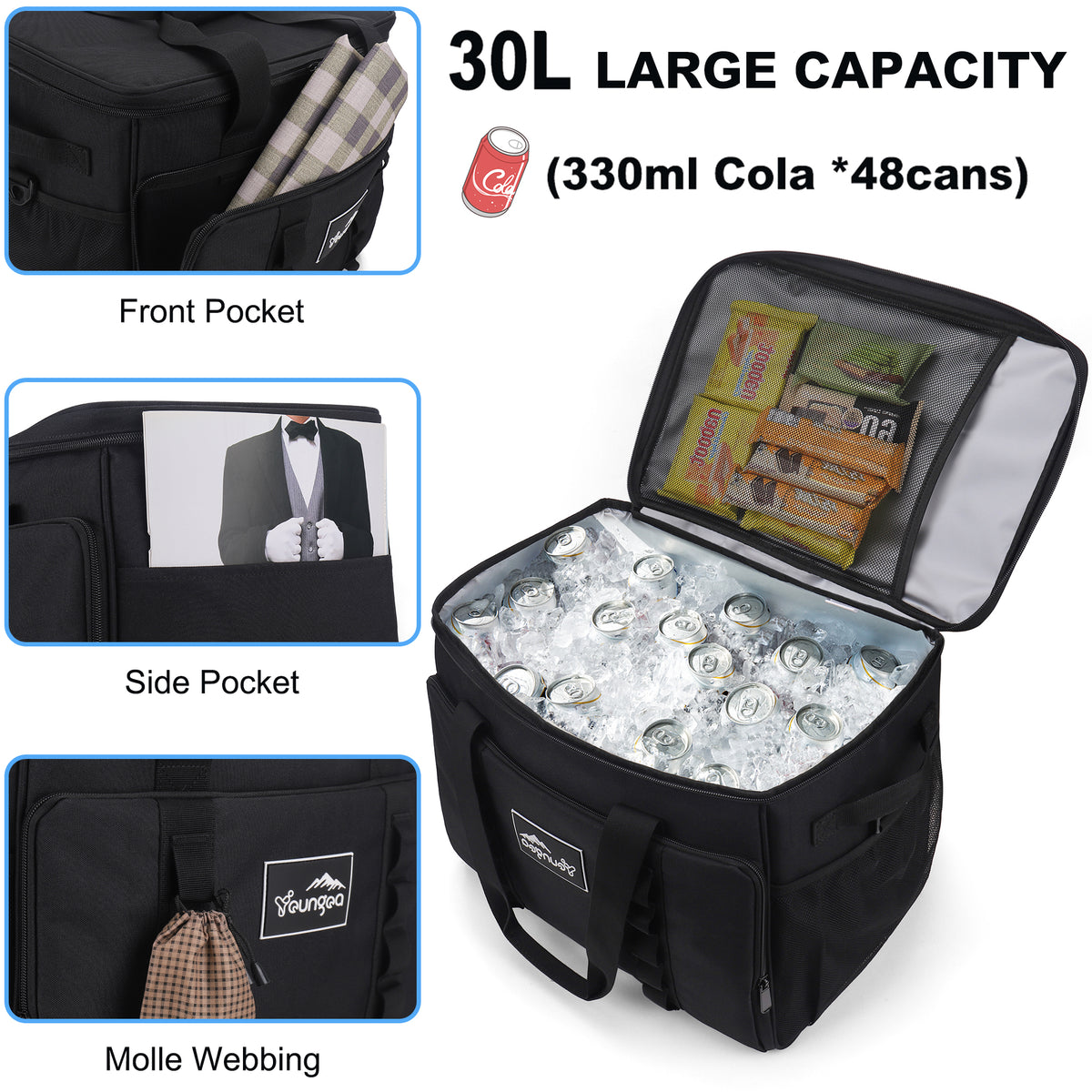 YOUNGOA Large 32L Insulated Soft Cooler Bag – Collapsible Ice Chest for 48 Cans, Portable Cooler for Beach, Camping & Travel