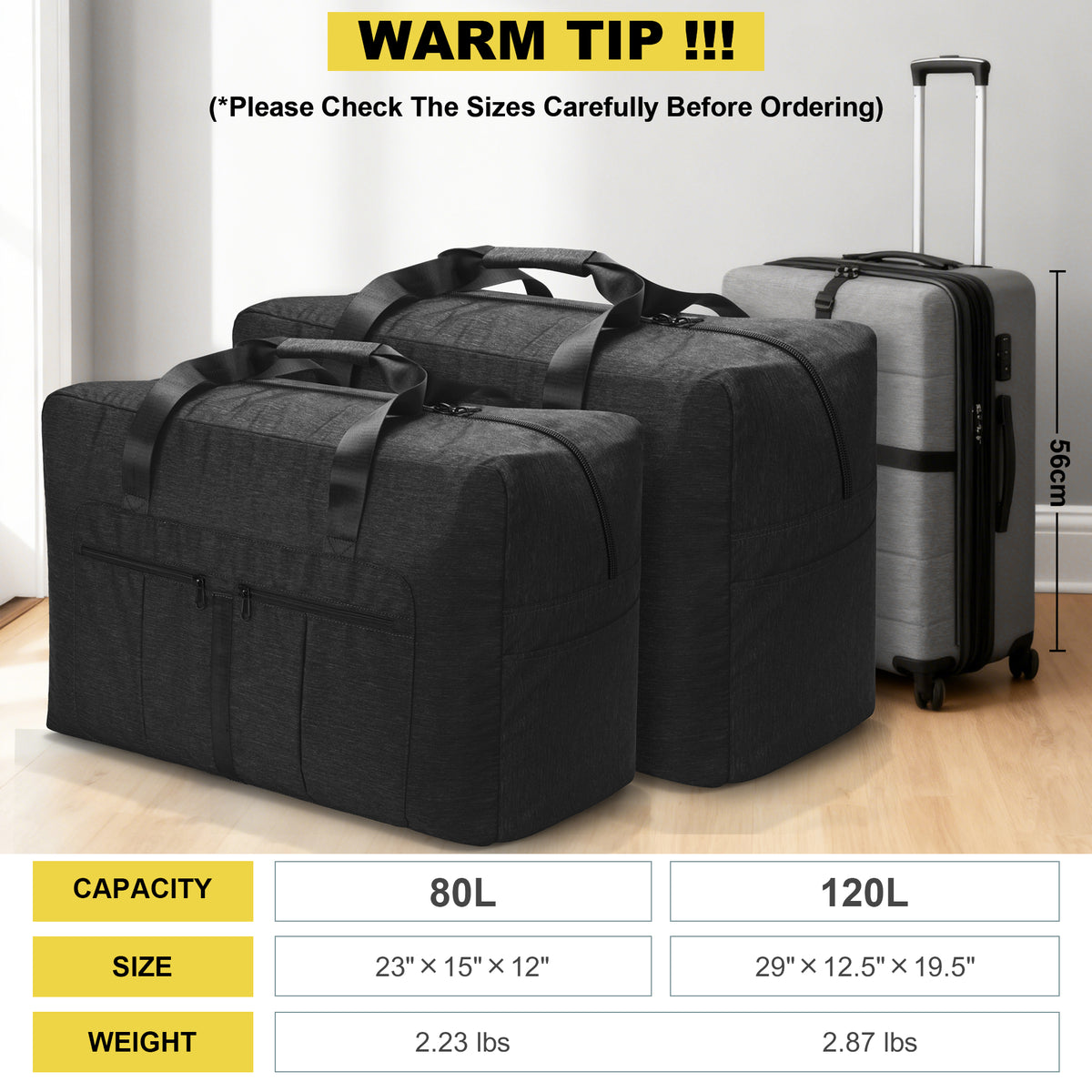 YOUNGOA Large Duffle Bag – Foldable Travel Luggage with Trolley Sleeve, Water-Resistant & Tear-Proof, Black