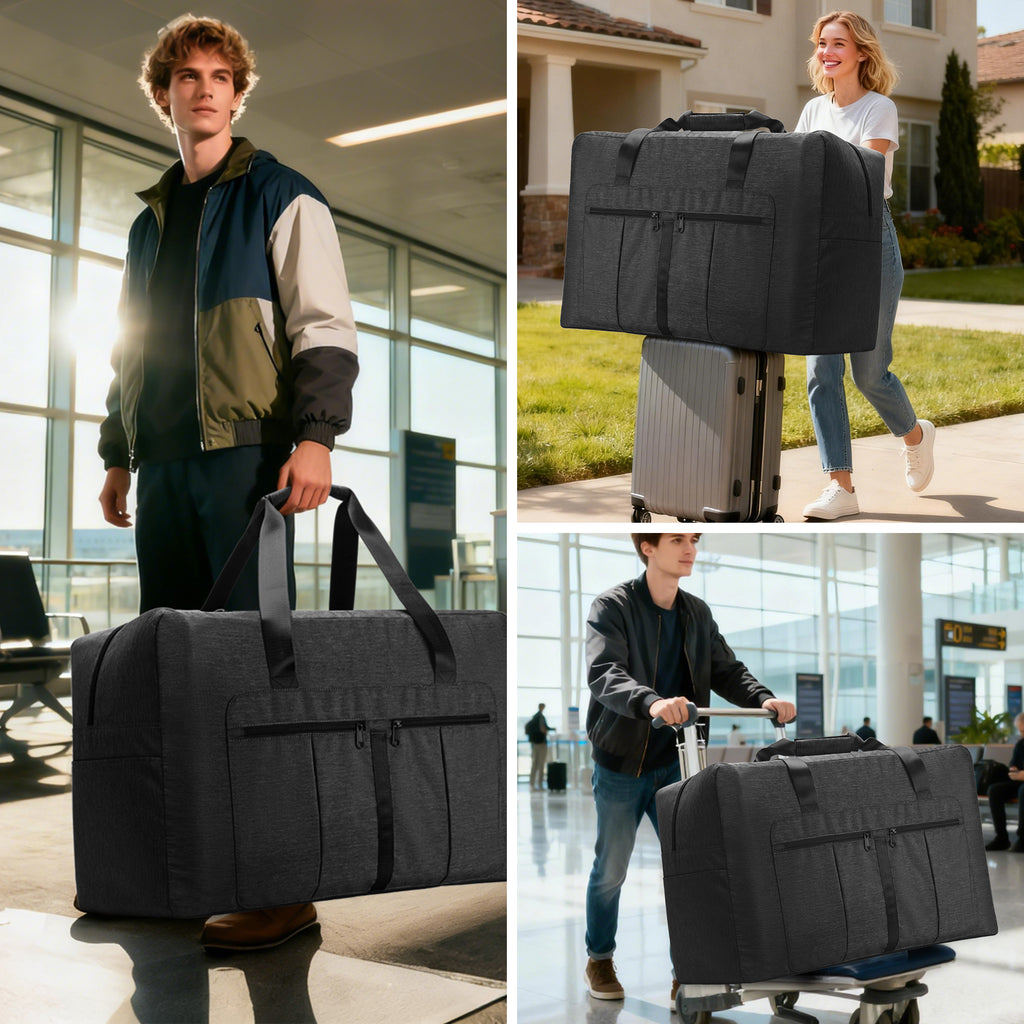 YOUNGOA Large Duffle Bag – Foldable Travel Luggage with Trolley Sleeve, Water-Resistant & Tear-Proof, Black