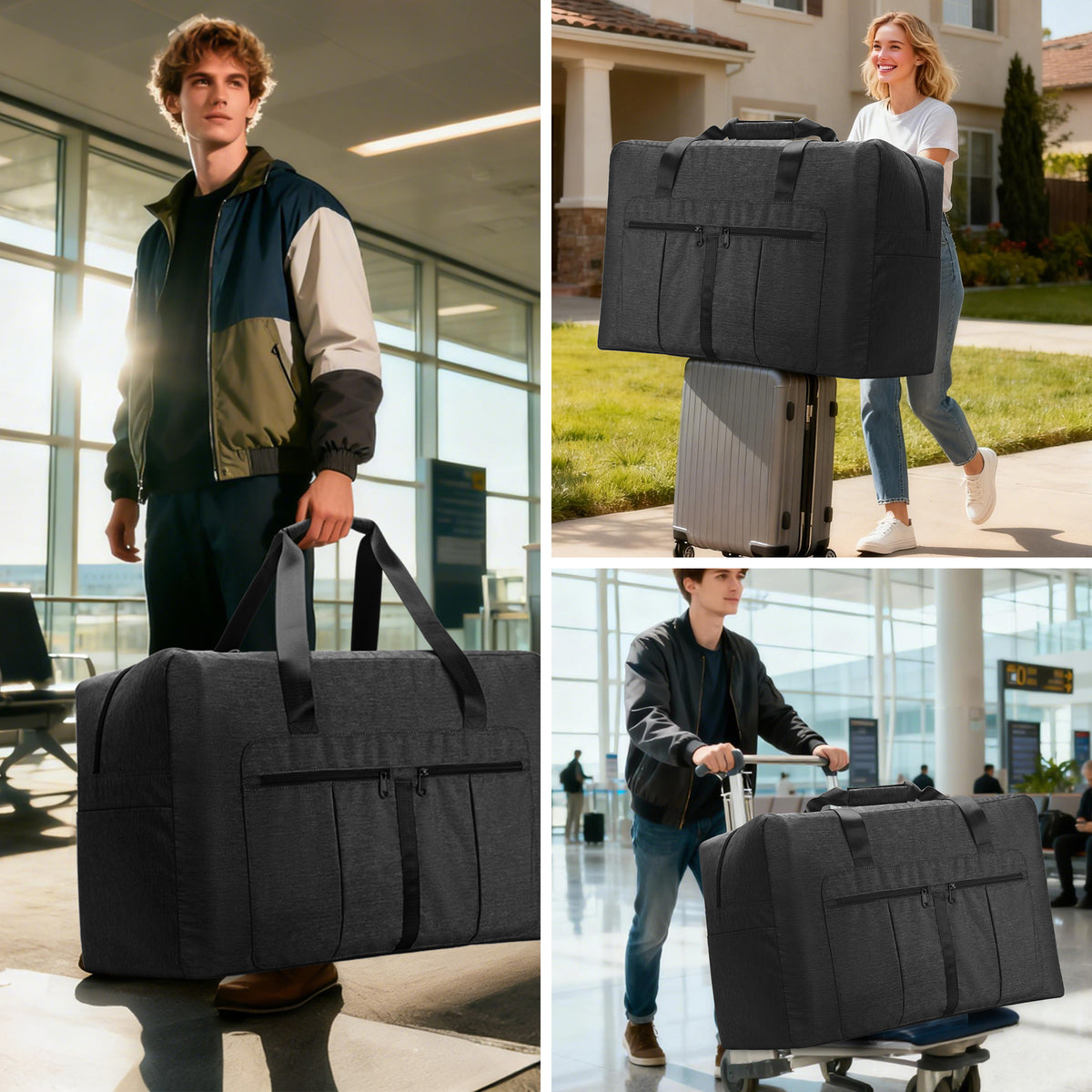 YOUNGOA Large Duffle Bag – Foldable Travel Luggage with Trolley Sleeve, Water-Resistant & Tear-Proof, Black