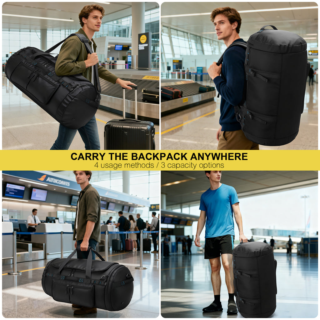 YOUNGOA Travel Duffle Backpack with Shoe Compartment – Waterproof Gym Bag with Backpack Straps, Black