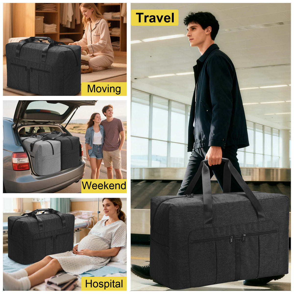 YOUNGOA Large Duffle Bag – Foldable Travel Luggage with Trolley Sleeve, Water-Resistant & Tear-Proof, Black