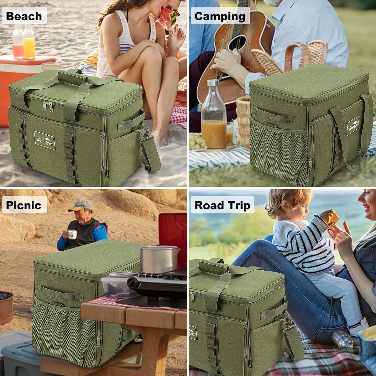 YOUNGOA Large 32L Insulated Soft Cooler Bag – Collapsible Ice Chest for 48 Cans, Portable Cooler for Beach, Camping & Travel