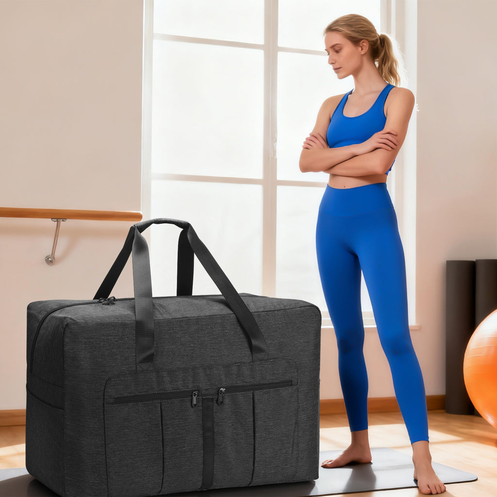 YOUNGOA Large Duffle Bag – Foldable Travel Luggage with Trolley Sleeve, Water-Resistant & Tear-Proof, Black